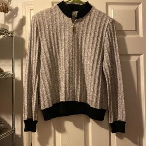ST JOHN COLLECTION, gray/black cardigan sweater with black trim. Zip front, sz L